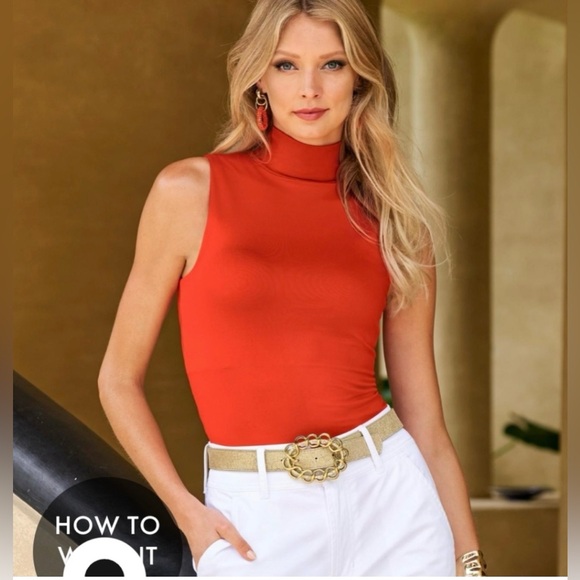 BOSTON PROPER So Modern Sleeveless Mock Neck Top Shirt Blouse Caliente Orange - Picture 12 of 13